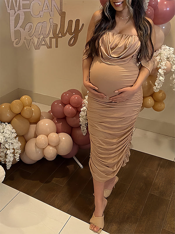 Momyknows Khaki Ruched Off Shoulder Belly Friendly Baby Shower Club Party Tube Bodycon Maternity Midi Dress