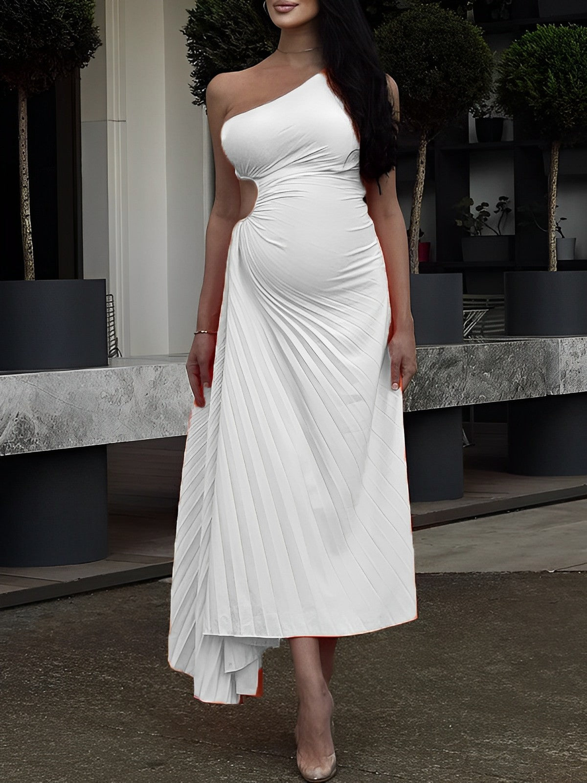 Momyknows White One Shoulder Belly Friendly Cut Out Pleated Sleeveless Babyshower Maternity Maxi Dress