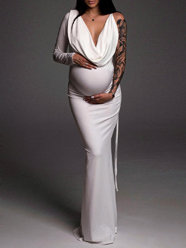 Momyknows One Sleeve Backless Tie V-neck Bodycon Elegant Evening Photoshoot Gown Baby Shower Maternity Maxi Dress