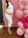 Momyknows White Ruched Solid Color Chic Bodycon Gender Reveal Baby Shower Maternity Midi Dress