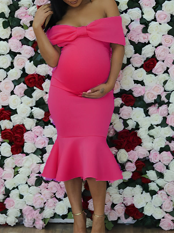 Momyknows Rose Carmine Off Shoulder Ruffle Bowknot Bodycon Elegant Midi Maternity Baby Shower Dress