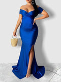 Momyknows Off Shoulder Short Sleeve V-Neck High Split Bodycon Solid Baby Shower Party Gown Maternity Maxi Dress