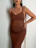 Momyknows Brown Backless Spaghetti Strap Bodycon Fashion Photoshoot Maternity Maxi Dress