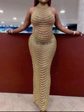 Momyknows Gold Rhinestone Mesh Sleeveless Backless Photoshoot Bodycon Evening Plus Size Maternity Maxi Dress