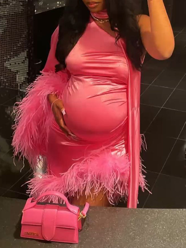 Momyknows Belly Friendly Irregular Feather Single Sleeve Babyshower Maternity Midi Dress