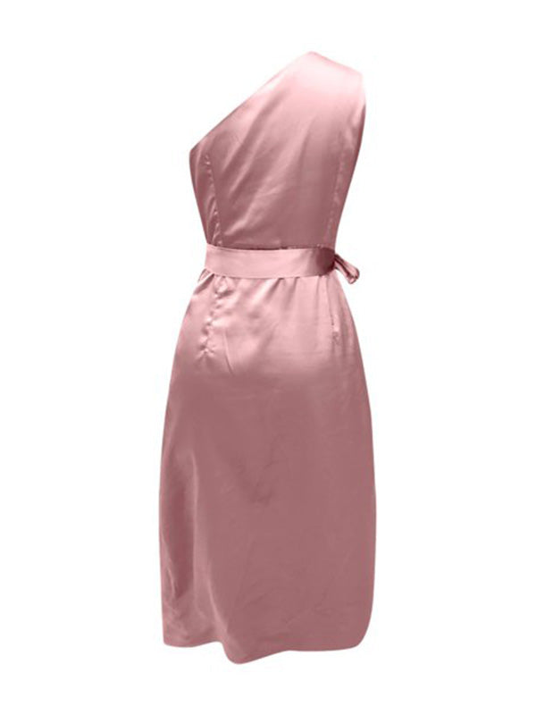 Momyknows Satin One Shoulder Sleeveless Bodycon Wrap Baby Shower Plus Size Maternity Midi Dress