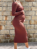 Momyknows Solid Color V-Neck Long Sleeve Knit Ribbed Bodycon Baby Shower Maternity Midi Dress