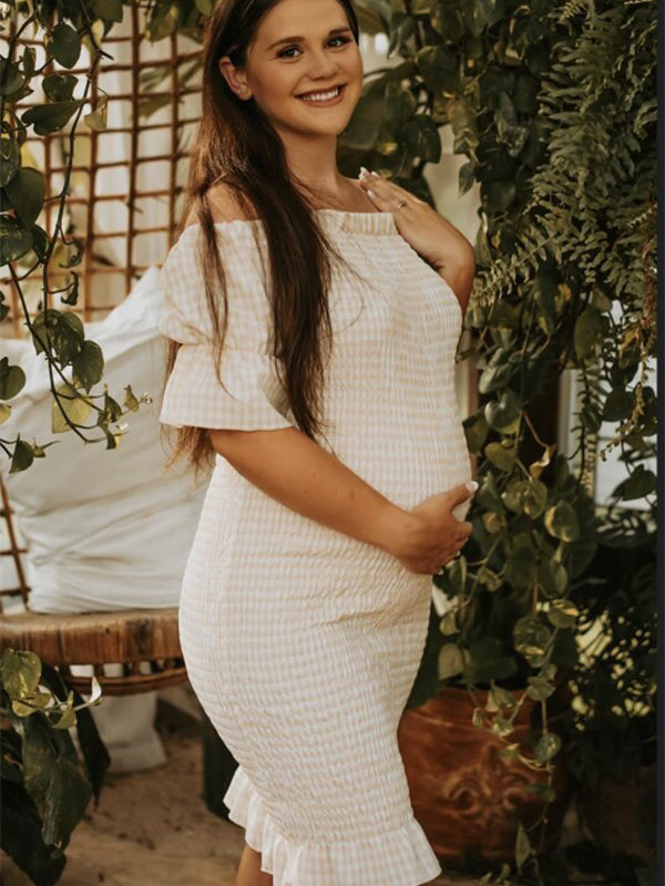 Momyknows Ruffle Off Shoulder Long Sleeve Bodycon Baby Shower Maternity Midi Dress