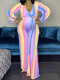Momyknows Pink-Blue Rainbow Striped Tie Dye Gender Reveal High Waisted Babyshwower Pregnant Maternity Wide Leg Long Jumpsuit