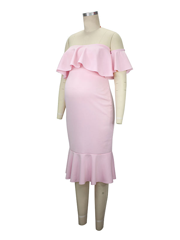 Momyknows Pink Ruffle Off Shoulder Bodycon Mermaid Baby Shower Maternity Midi Dress