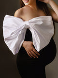 Momyknows Off Shoulder Bandeau Backless Big Bowknot Design Cute Baby Shower Bodycon Maternity Mini Dress