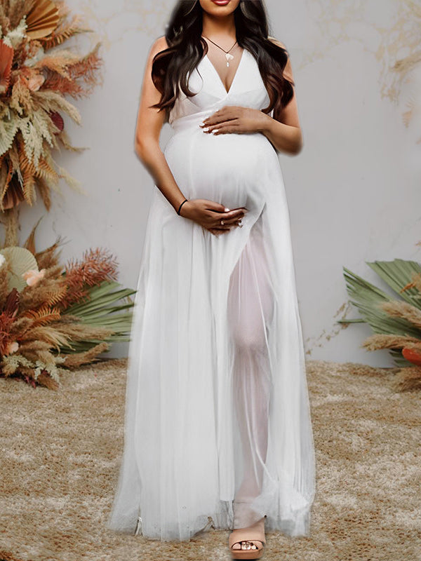 Momyknows White Off Shoulder Grenadine Side Slit Backless V-Neck Babyshower Maternity  Maxi Dress