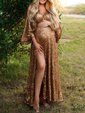 Momyknows Golden Sparkly Sequin Side Slit Flare Sleeve Elegant Evening Gown Boho Maternity Photoshoot Baby Shower Party Maxi Dress