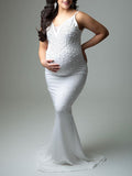 Momyknows Belly Friendly V-Neck Spaghetti Strap Hot Drilling Mermaid Photoshoot Evening Maternity Maxi Dress