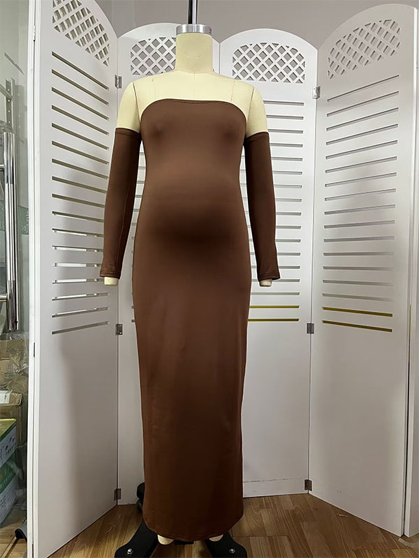 Momyknows Brown Off Shoulder Long Sleeve Bodycon Elegant Going Out Maternity Photoshoot Baby Shower Party Maxi Dress