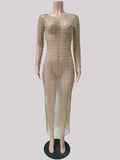 Momyknows Mesh Solid Color Beading Pearl Rhinestone Long Sleeve Cover-ups Side Slit Photoshoot Maternity Maxi Dress
