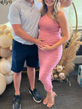 Momyknows Pink One Shoulder Ruffle Irregular Bodycon Cocktail Cute Baby Shower Maternity Midi Dress