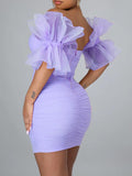 Momyknows Purple Patchwork Grenadine Ruched Off Shoulder Bodycon Baby Shower Party Pregnancy Maternity Mini Dress