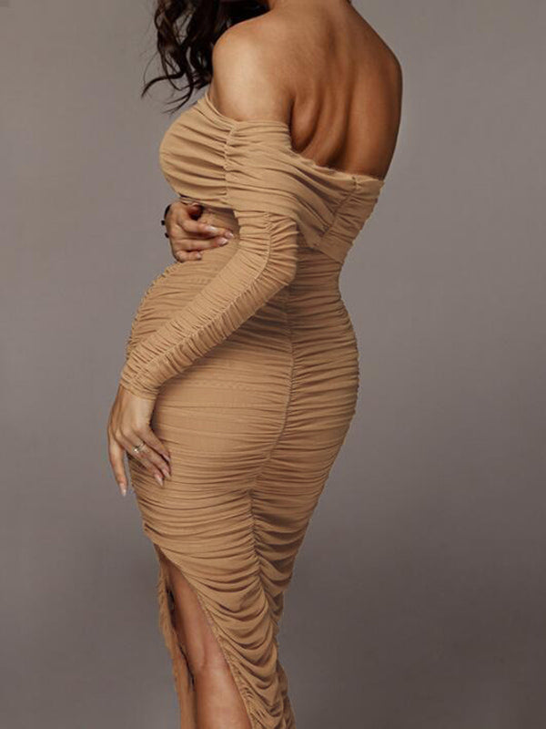Momyknows Irregular Ruched Side Slit One-Shoulder Bodycon Party Pregnant Maternity Maxi Dress