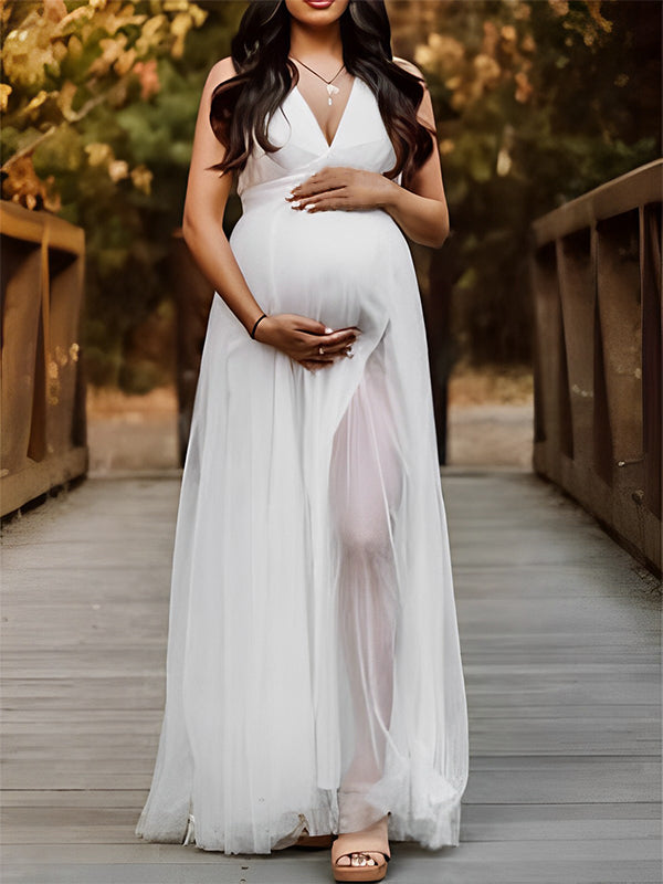 Momyknows White Tulle Off Shoulder Grenadine Side Slit Backless V-Neck Cute Gown Baby Shower Maternity Maxi Dress