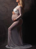 Momyknows Tulle Mesh Sheer Mermaid Elegant Bodycon Photoshoot Maternity Maxi Dress