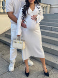 Momyknows White Turndown Collar V-neck Slit Flare Sleeve Bodycon Fashion Gender Reveal Baby Shower Maternity Maxi Dress