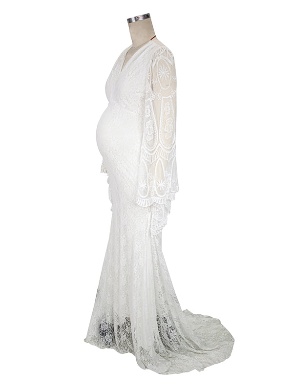 Momyknows White Lace Trumpet V-Neck Flare Sleeve Bodycon Prom Gown Photoshoot Maternity Maxi Dress White / M Momyknows White Lace Trumpet V-Neck Flare Sleeve Bodycon Prom Gown Photoshoot Maternity Maxi Dress White / M